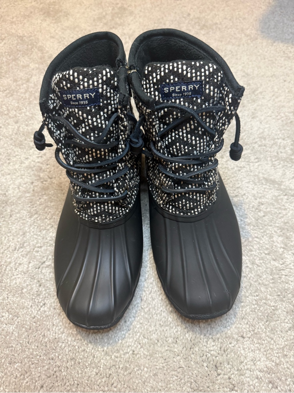 Sperry Black Patterned Duck Boots for Women | 8